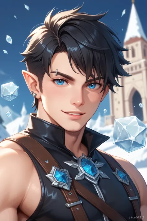 A tall and handsome male  elf with black hair like ink and blue eyes like ice. He has an eyebrow piercing and a sly, cunning expression. His innocent smile reveals his arrogance, as he knows he is handsome. With a muscular and lean build, pale skin, and sh...