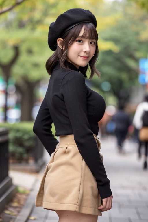 (masterpiece, best quality, perfect anatomy, highres, 8k, realistic, photorealistic, natural skin texture, no makeup:1.2), 1girl, solo. Japanese, age20, jp idol, (very cute), upturned eyes, shy smile, (large breasts:1.2), perfect figure, thin dark gray lon...