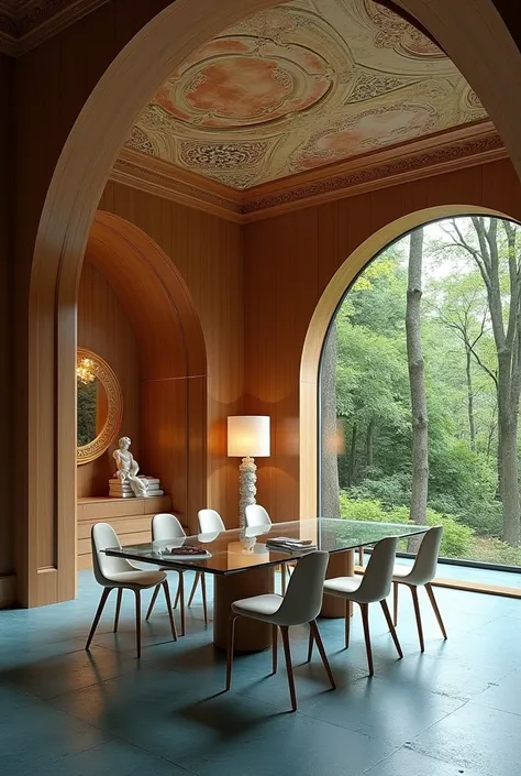 raw photo, ultrarealism, (((curvy dining room structure all wood))) with (((glass dining table))), ((((glass chairs)))),  (((ceiling with paint of frescoes))),  in the middle of the forest, wood walls, terrezza flooring blue, contemporary white floor lamp,...