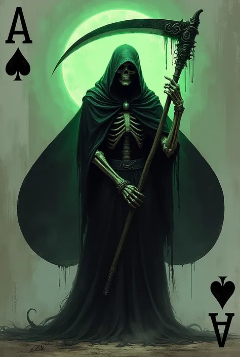 Ace of spades with the reaper in electric green 