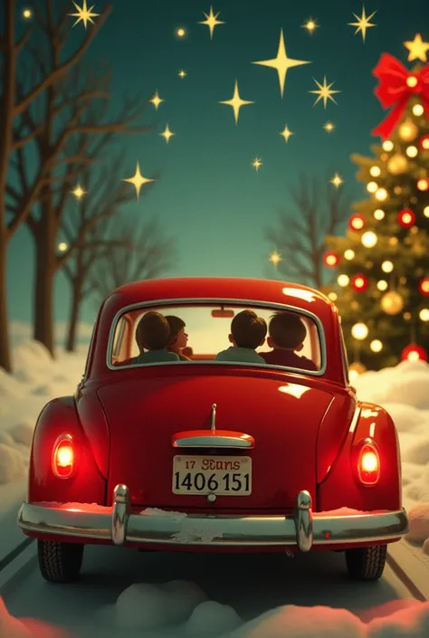 retro style,  vintage postcard ,  in a red car ,  a family is driving , vintage postcard ,  expressive stars ,  and a Christmas tree can be seen from the window {x} vintage postcard on the sides of the bell and bow patternThe grain of the film/ old movie e...