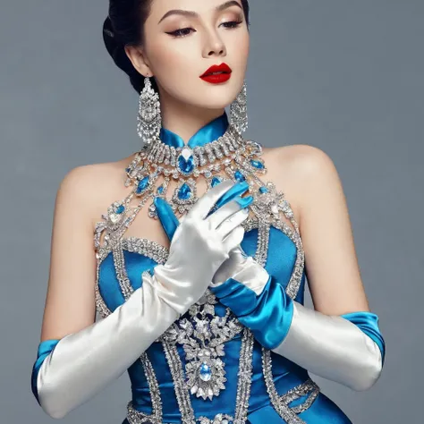 Beautiful wearing luxury very big beautiful shining blue. dress and gloves and necklace looking so beautiful and having white skin tone and red lipstick .