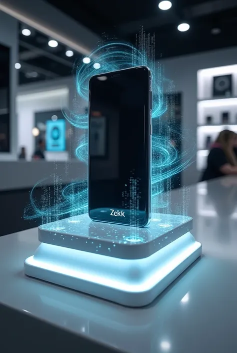 In the future s smartphone (brand zekk)​ plastic and acrylic counter display, white and dark black silver color with graphic data halogram all around, led strip under the display, in phone shop