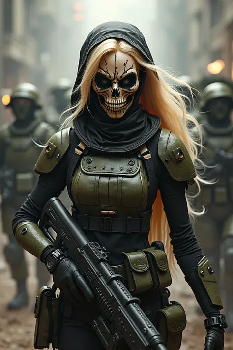 blonde barbie, cute, girly, skull mask, armor, army, holding weapon, thedeathsquad