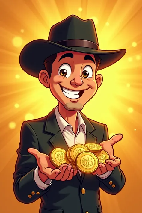 I want to get a picture of a man wearing a black hat holding mtt coins background with a gold filter. Request a cartoon