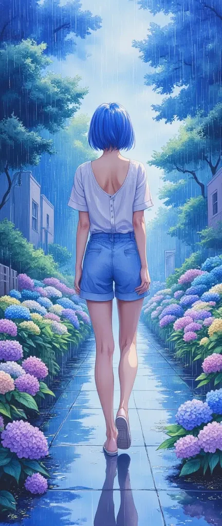 (masterpiece), ( best quality), ( super detailed), (Illustration),1 female,The theme is a woman walking in the rain, beautiful eyes, short bob, blue hair , casual outfits, beautiful gradation , (Beautiful hydrangea road :1.6),( blue based design ),( back v...