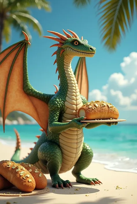 A dragon sells garlic bread on a beach