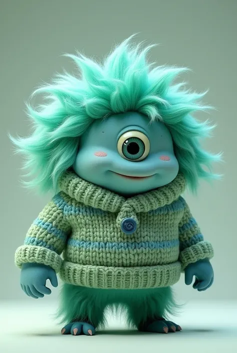  I want a blue monster with a lot of hair on his head and a little blue hair on his body. Make the hair color green , Also that I have only one eye and that I wear a sweater  