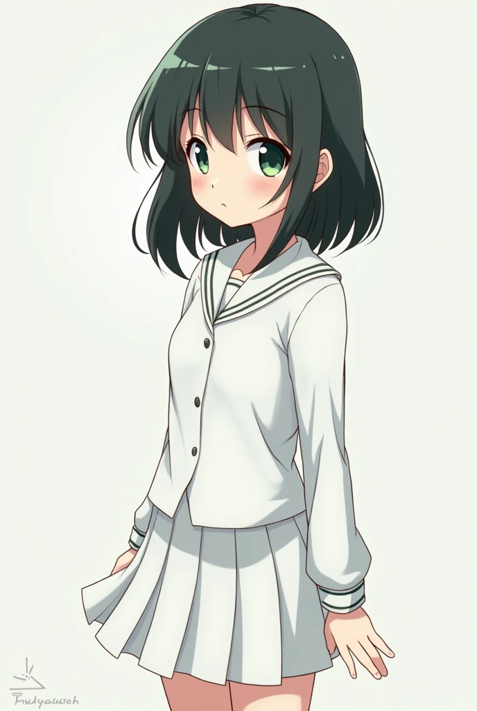 an  girl, She wears a white long-sleeved shirt and a white skirt as a uniform.  She has forest green eyes and shoulder-length black hair. ( anime style)