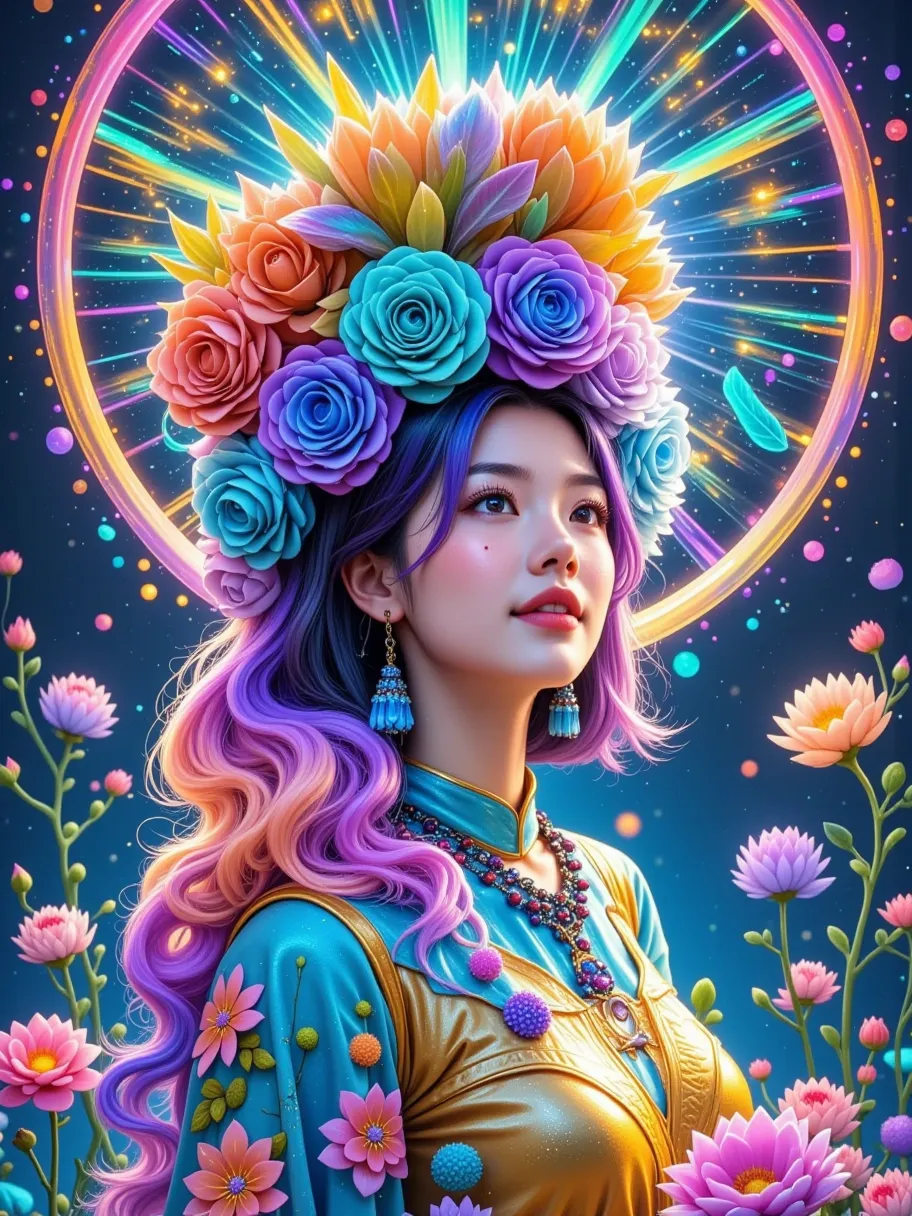 in the rose garden ， a flirtatious anthropomorphic blue rose demon， the face of a beautiful chinese woman ， headdress with blue ...