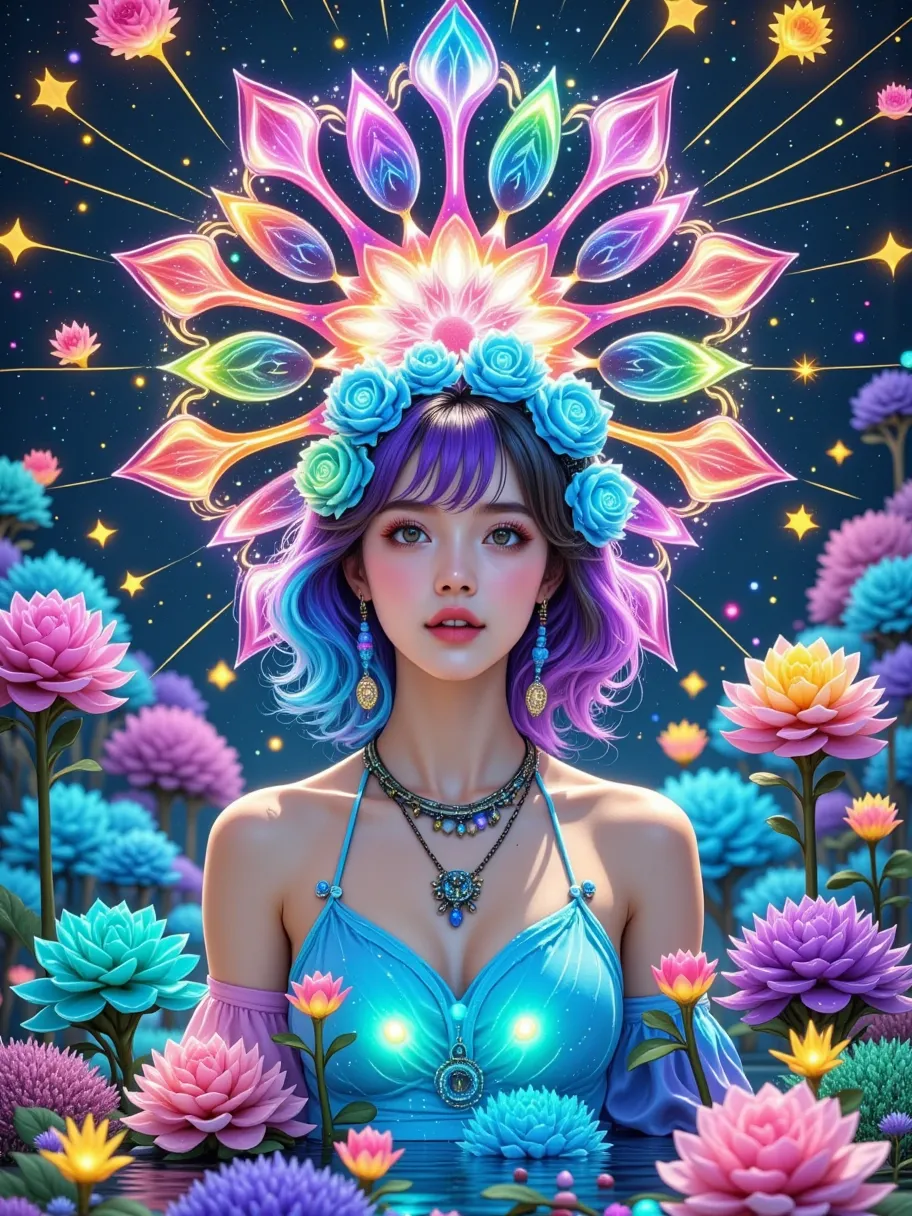 In the Rose Garden ， A flirtatious anthropomorphic blue rose demon， The Face of a Beautiful Chinese Woman ， Headdress with Blue Roses ，Charming and enchanting ， Dances Beautifully Dances 。A Masterpiece，Photography， Movie Lighting Effects ，reality，细节， HD，Da...