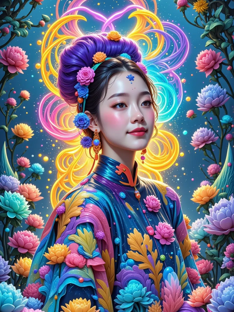 in the rose garden ， a flirtatious anthropomorphic blue rose demon， the face of a beautiful chinese woman ， headdress with blue ...