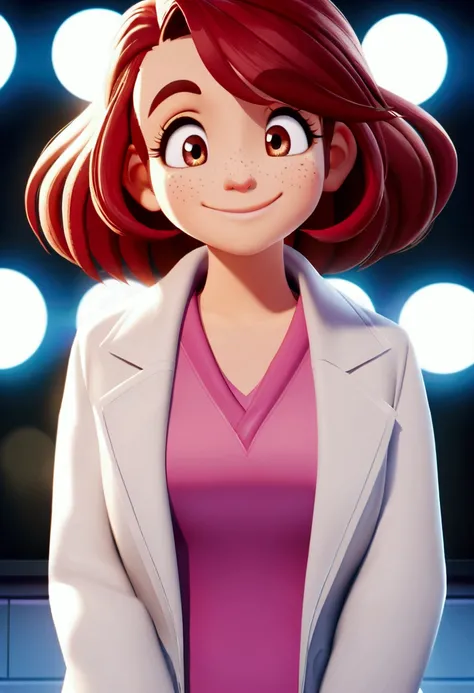 criar video Imagem estilo Pixar com personagem 3D óculos brancos mulher ruiva cabelo cacheado médio curto, WITH FRECKLES,, Disney,beautician , adorable,  smiling ,close up, Pixar, Disney,  Cinema lighting,In aesthetic clinic , in a white lab coat