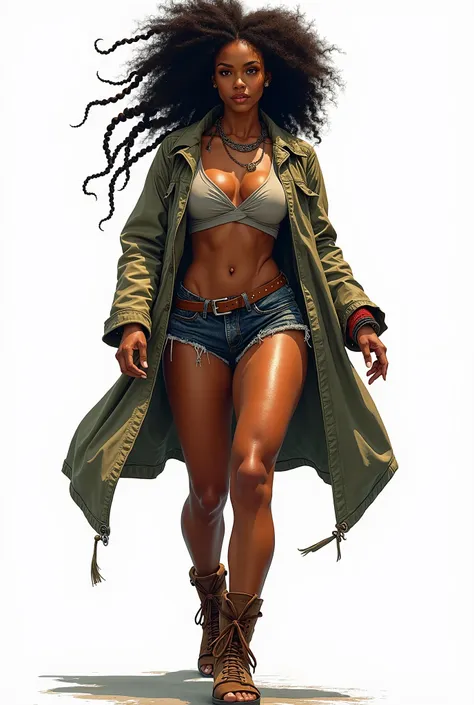  A dark-skinned woman, a Super Saiyan warrior who is a powerful muscular warrior inspired by a powerful giant woman a powerful woman inspired by Super Saiyan in a setting A warrior woman, huge, about 7 meters tall, walks through She is walking in a normal ...