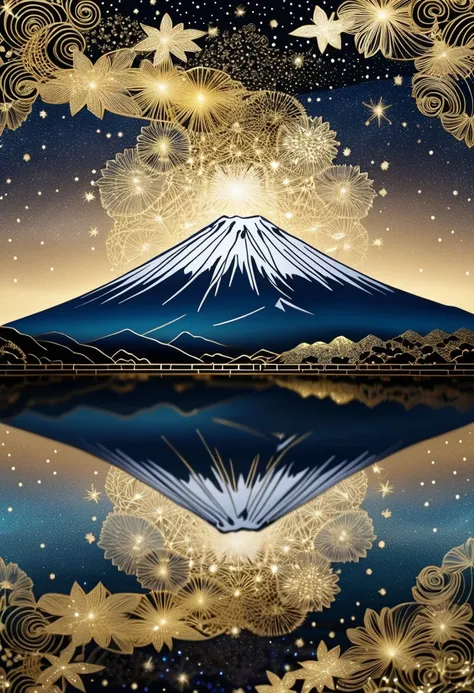 (Top Quality, High Resolution, Ultra Clear), Gold Tone, Mt. Fuji, Starry Sky, Zentangle Landscape, Gold Foil Art