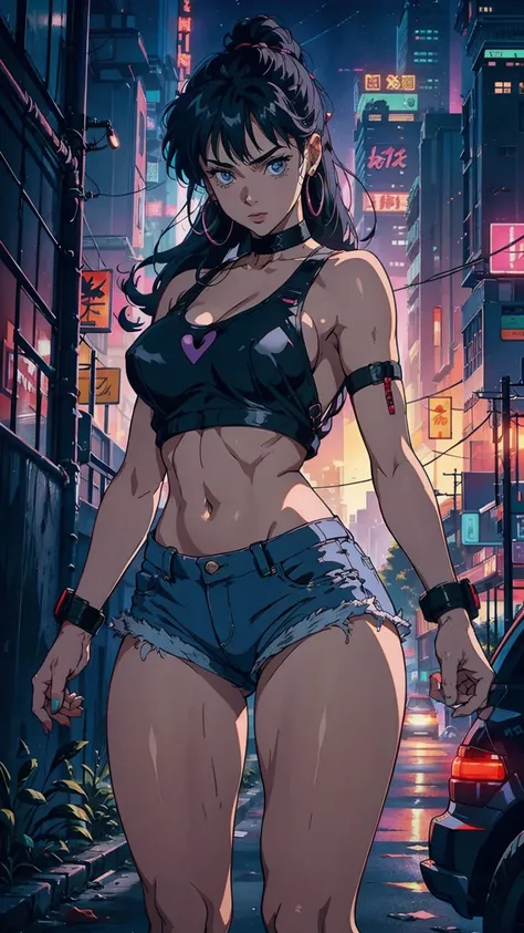 (Hinata Hyuga, Very sensual, In tight clothes, Big Ass, Thick legs, Jean Shorts, Wearing a mini blouse, Navel comes out, Long Hair, Rear speakers, Very realistic, View of the Cyberpunk City, Clearly defined lines, Neon Lights Very Sexy, 8k, 8k Very detaile...