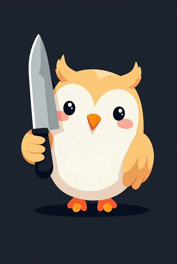  A cartoon owl with a white body ,  small round eyes , y bright beak .  It is holding a silver knife with a black handle on one of its wings,  which acts as hands but no feathers can be distinguished ,  is like a tip .  The design is minimalist and is on a...