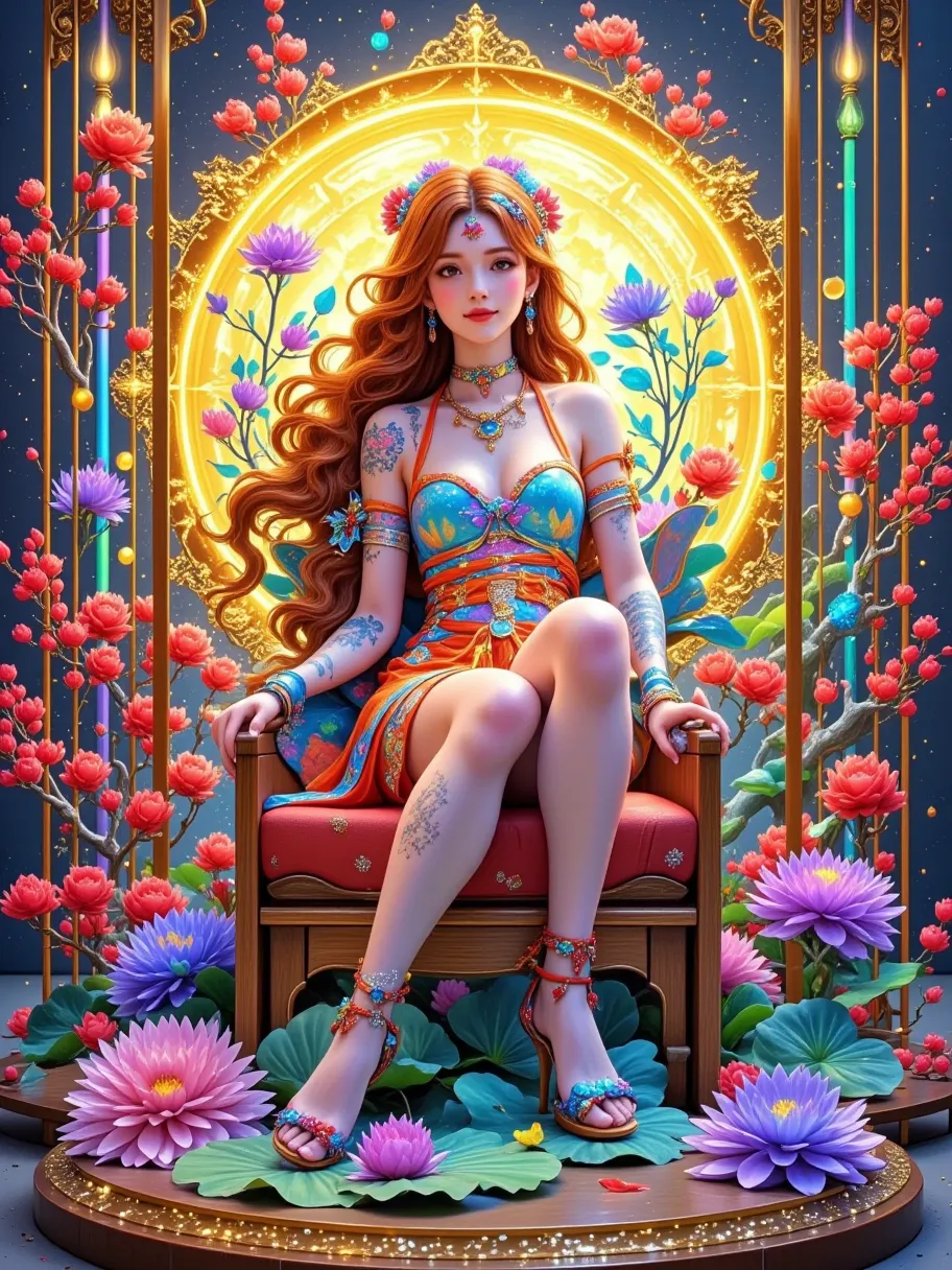 the image is a vibrant and detailed illustration of a woman surrounded by an array of colorful, abstract elements. the woman has...