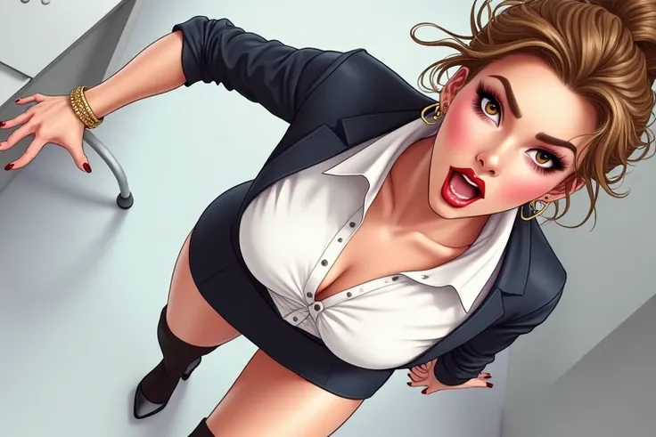 Sexy woman age 30+ athletic body type, shes a office secretary, blond thick hair up in and updo ponytail hairstyle, messy hair, wearing a white office shirt with long sleeves , white buttoned blouse, wearing a mini skirt、 and platform high heels sharp focu...