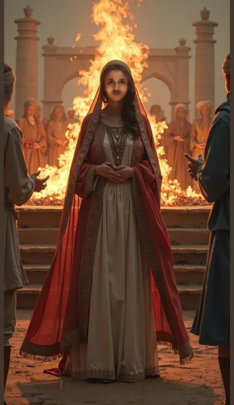 Azar is depicted at the center of a grand Persian festival, standing beside a monumental fire altar. She wears a traditional Achaemenid dress with long, flowing sleeves, fully covering her arms and neck, complemented by an ornate shawl that completely cove...