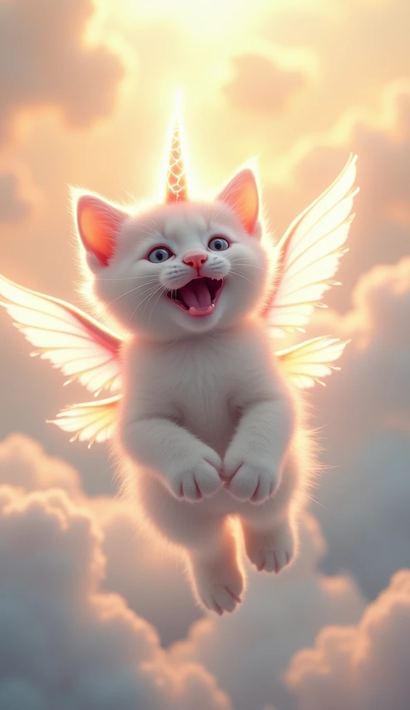 

"A white kitten with shimmering, translucent wings is soaring through the sky, flying joyfully with an open mouth, expressing pure happiness. The kitten’s wings glisten with a soft iridescent glow, and a glowing, lightning-shaped horn is perched on its h...