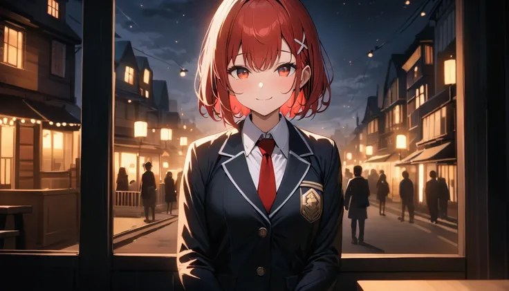  shorthair, ( red hair:1.2), X Hair Ornament, Red Eyes, ties,  girl,One person,  collared shirt,  white shirt,  Long Sleeve ,  pleated skirt, student,  blazer、uniform、 best quality, masterpiece,  high definition ,chest、smile、highest quality, intricate deta...