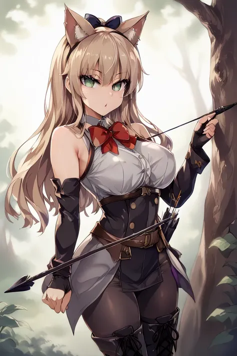   beautiful illustrations、８ｋ、 Details、High image quality、 Detailed Details 、 anime girl  ,Beast Girl 、Archer、Cat ears、Archer , Beautiful eyes,Aim at enemies from the top of a tree、Holding a bow,  black combat boots holding a wooden bow,Shooter、Light clothi...