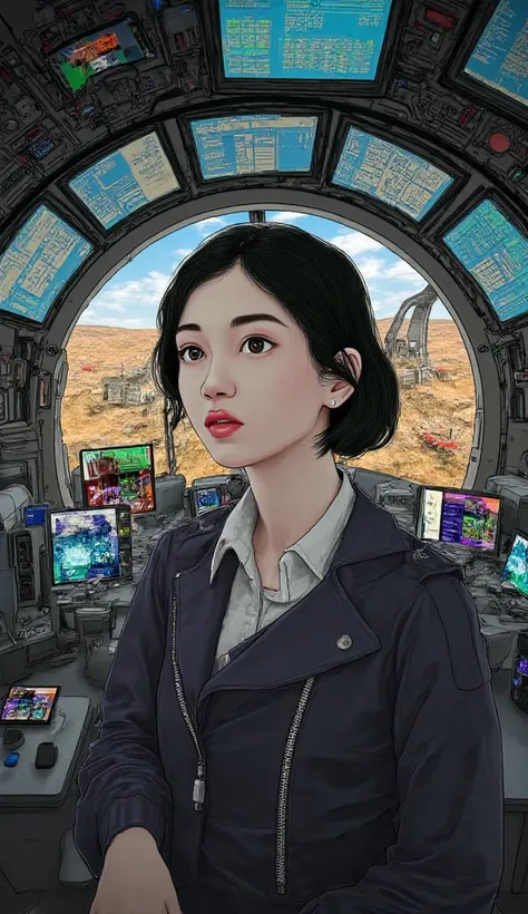 steampunk exterior of a spaceship. Through the windows you can see the landscape of an alien planet, the entire space is full of work consoles with electronic devices and screens, full-HD, Korea girl with short dark hair, illustration style, 8k, high detai...