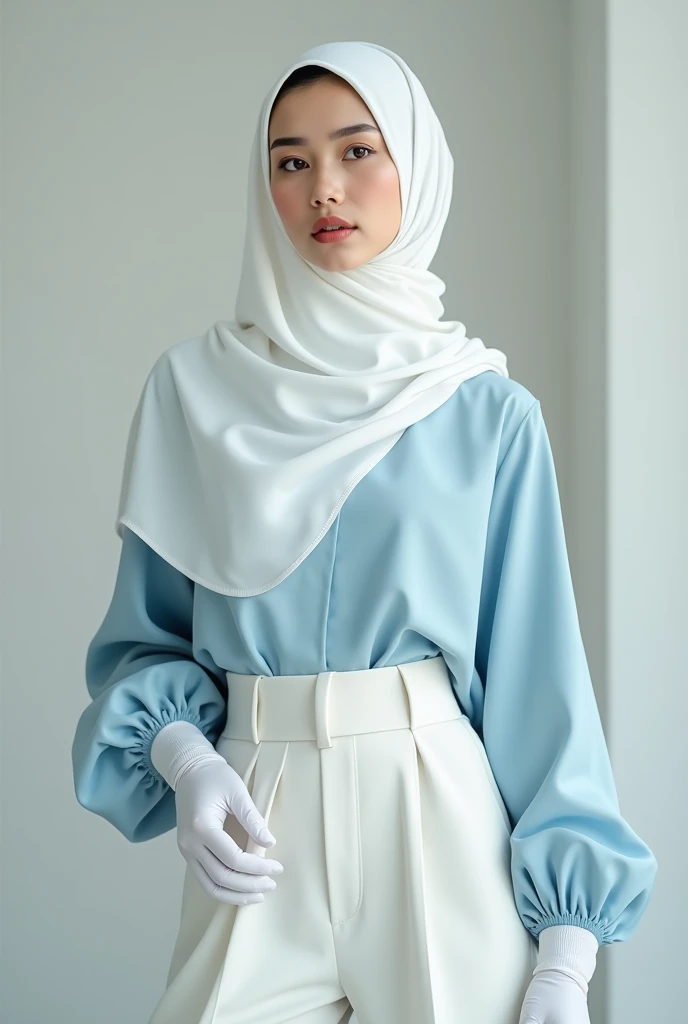 Create an image realism.The most beautiful woman.She wear long white hijab and long light blue blouse long sleeve.She wear white long pants.She wear thick white glove .She has soft pink lips.She pose like polite model.Show the full body