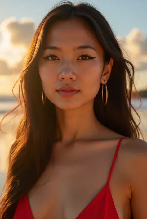 (masterpiece, ultra high res, photorealistic:1.8), 8K cinematic close-up portrait of a stunning Southeast Asian woman (Indonesian), smooth bronzed skin with a natural radiance, almond-shaped dark brown eyes reflecting sunlight, long straight hair cascading...