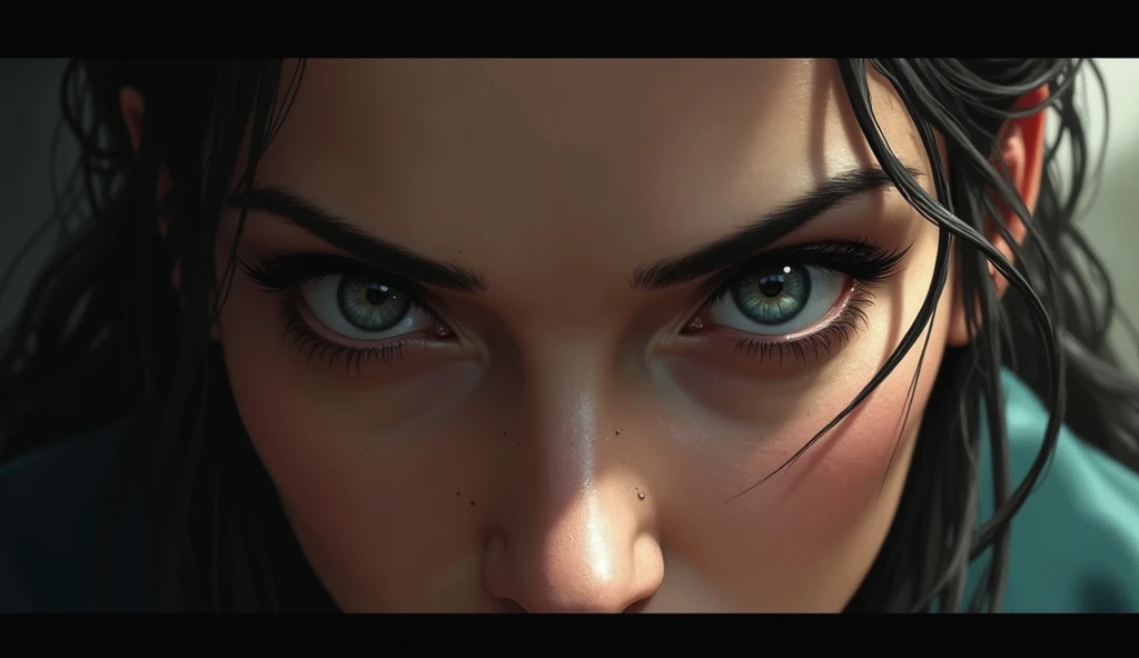 Close-up of Rhea’s determined eyes: Her unwavering resolve as she prepares to face Aryan.