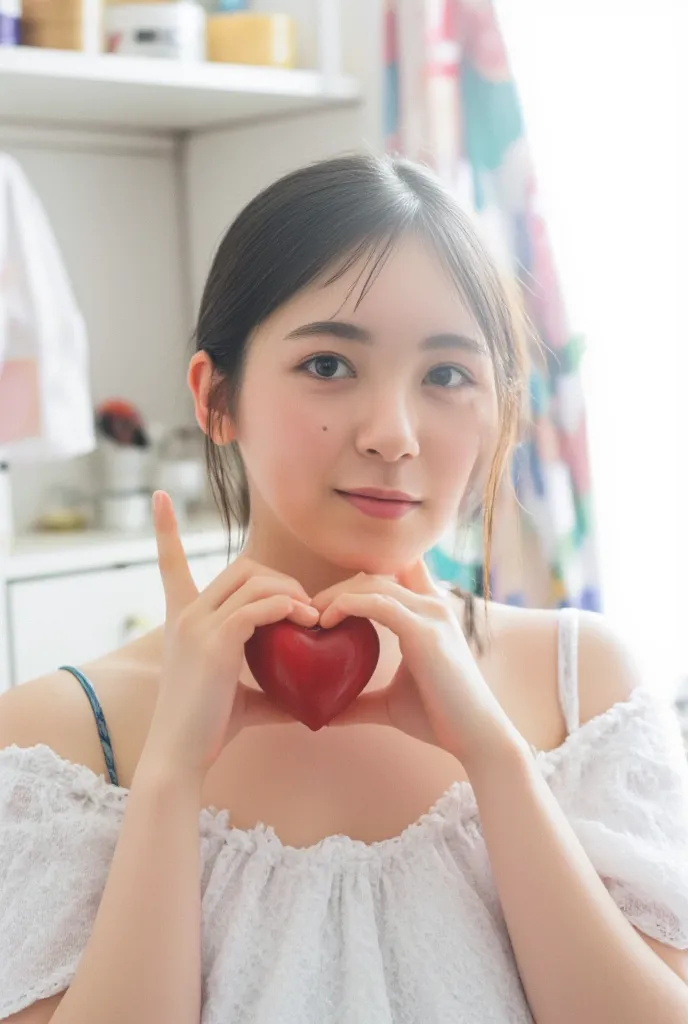 from a front view of her whole body is cute,  fluffy off-shoulder pajamas ,  make a big heart with both hands , hold it in front...