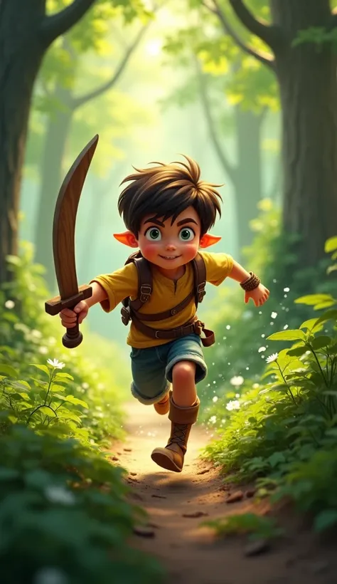 A boy runs through the forest ,  in his hands he has a wooden sword