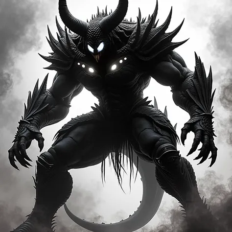 white background, black smoke background, evil aura, darkness, big muscular body, big black body, big black arms, muscular arms, big black legs, muscular legs, big black chest, muscular chest, black head, black face, full armor, black armor, big black horn...