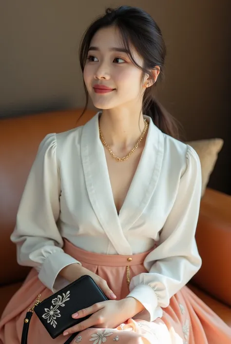 

 a young Asian woman ,  wearing a long-sleeved white shirt and peach embellished skirt white flowers.  She sits on a light brown leather sofa .  Decorated with a gold necklace and gold chain ,  adds a touch of charm to her shirt .  Her hair pulled back i...