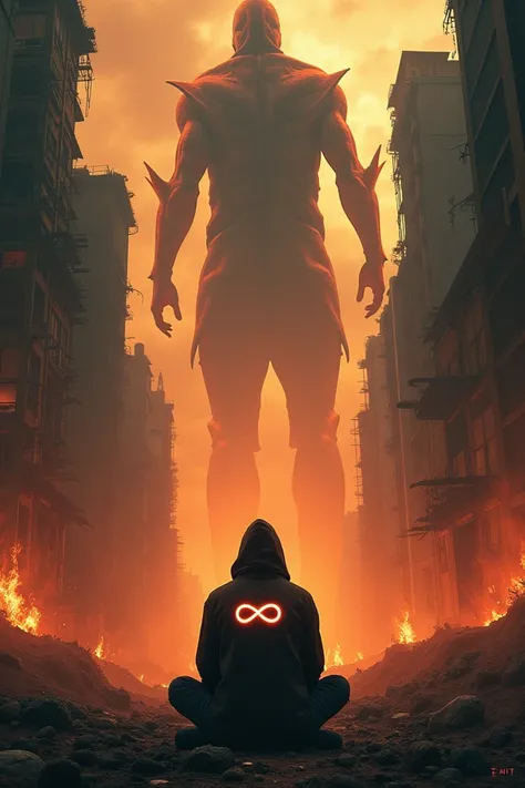 A post-apocalyptic urban landscape engulfed in flames, with towering, crumbling buildings and a massive, menacing abstract horror soaring through the fiery sky. The foreground features a lone, shadowy figure sitting cross-legged, their form indistinct and ...