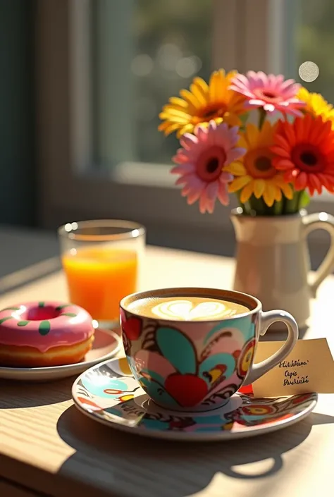 A beautifully composed hyperreal breakfast scene, bathed in warm, natural morning light. The centerpiece is an elegant ceramic mug adorned with intricate abstract art in vibrant colors, filled with a creamy cappuccino topped with delicate latte art. To one...