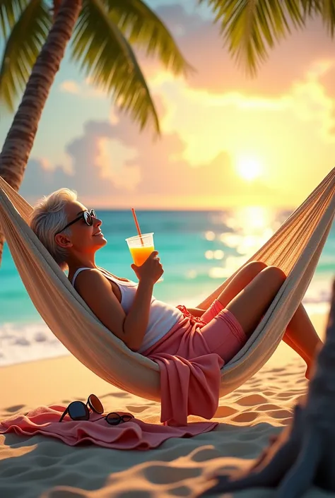 Create an image of a teacher on vacation at the beach lying in a hammock on the seashore having a drink