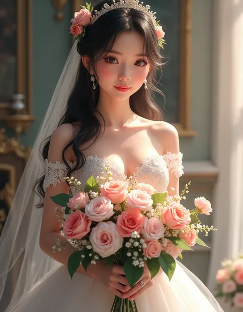 a woman in a wedding dress holding a bouquet, webtoon, eye white). full body realistic, manhwa, detailed face background detail, webtoons, very detailed and beautiful face, very detailed beautiful face, semirealistic anime style, game cg, portrait of femal...