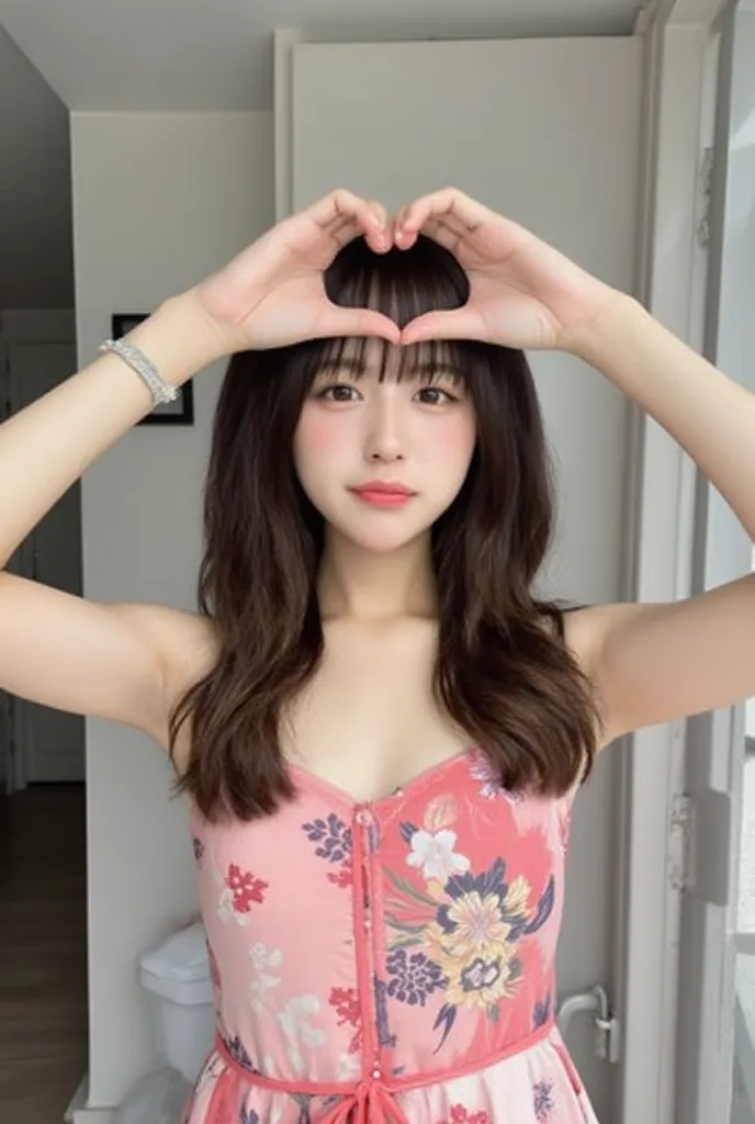 is in a posture wearing an attractive camisole,  in front of your chest and make a big heart shape with both hands, hold ,  cute...