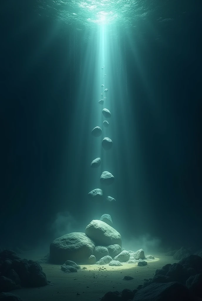 Make an image of the bottom of the infinite ocean and further back make a column of light with stones attached to it 