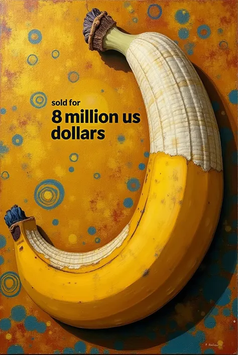  acrylic picture with a bitten banana that sticks to the wall with adhesive tape.im painting style von gustav klimt. in the picture is the text sold for 6 ,2 million US dollars .
