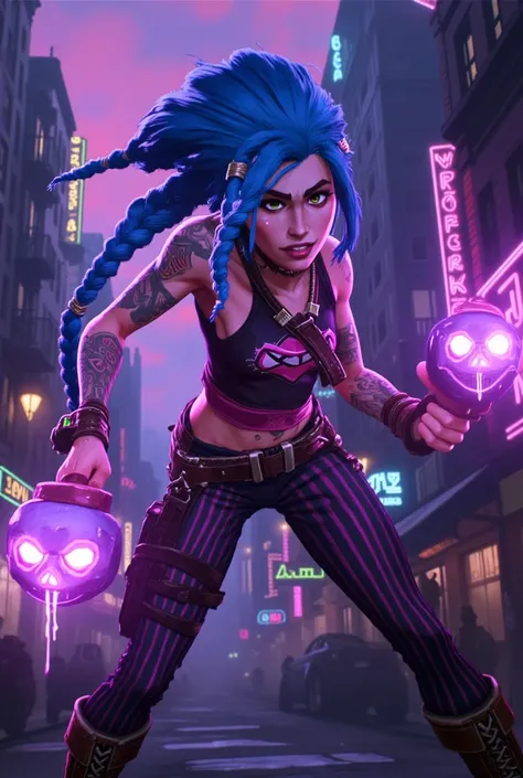 ((masterpiece)) ((photography)) ((Highest quality)) A hyper-detailed illustration of Jinx from *Arcane*, captured in a dynamic pose as she holds a glowing bomb shaped like a skull. The bomb is painted with vibrant, dripping neon hues—pink, green, and blue—...