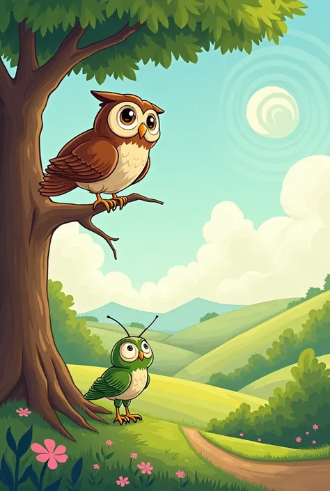 the owl and the grasshopper: make it more cartoon like feature also the grasshopper should be looking upwards toward the owl also the owl shouldnt be cute