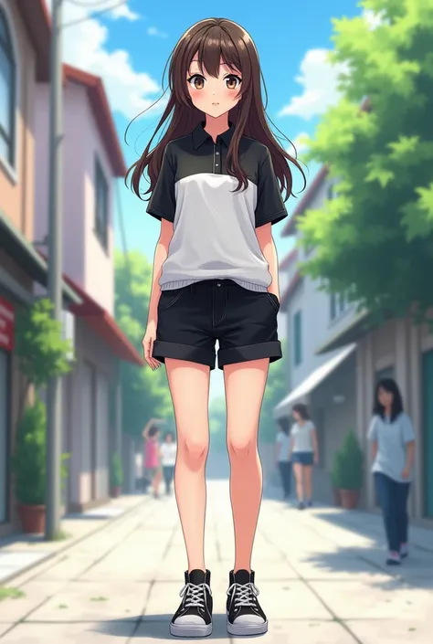 A drawing of a girl with long brown hair, a little dark, shiny.,  almond-shaped eyes, black and white polo and shorts , white skin tone, of normal height, medium build, upturned nose and thin lips , Stop greeting color anime-style image that can be seen fr...