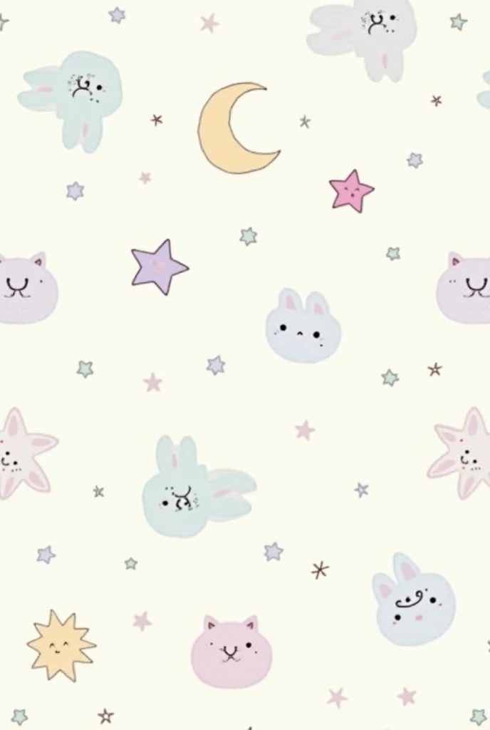 To draw the curtain pattern, start by creating a light, pastel-colored background with soft pink, lavender, mint green, and sky blue. Then, sketch small, playful shapes like stars, moons, clouds, and animals (bunnies or kittens) in simple, cute outlines. D...