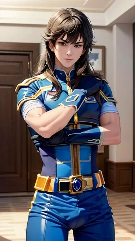 (  best quality ), (Overall view),  beautiful young prince handsome sparkling power rangers suit 、18 years old 、 toned and muscular  、 with a cool and handsome face  、Tall 、 long hair 、 long bangs  ,Sensual appearance,  Crotch Bulge 
