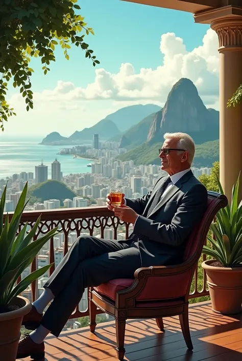 Rich man drinking whiskey on the balcony of his house in Rio de Janeiro 