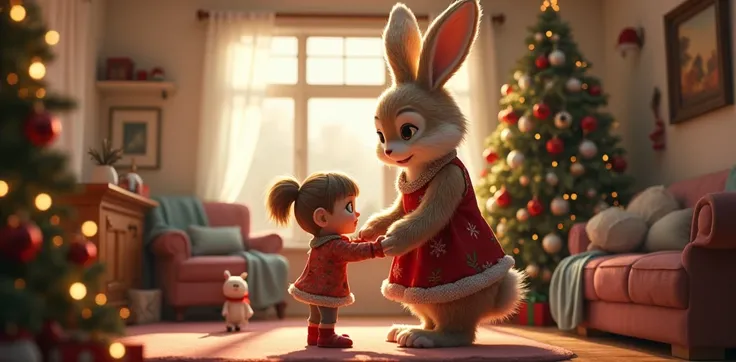 Bunny furry leg long with dress helping family human in christmas day 