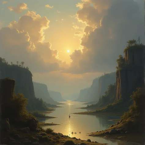 Generate artwork in the style of J.M.W. Turner, the renowned English Romantic artist. Create a scene featuring dramatic landscapes, seascapes, or historical settings with an emphasis on capturing the play of light, color, and atmosphere. The artwork should...